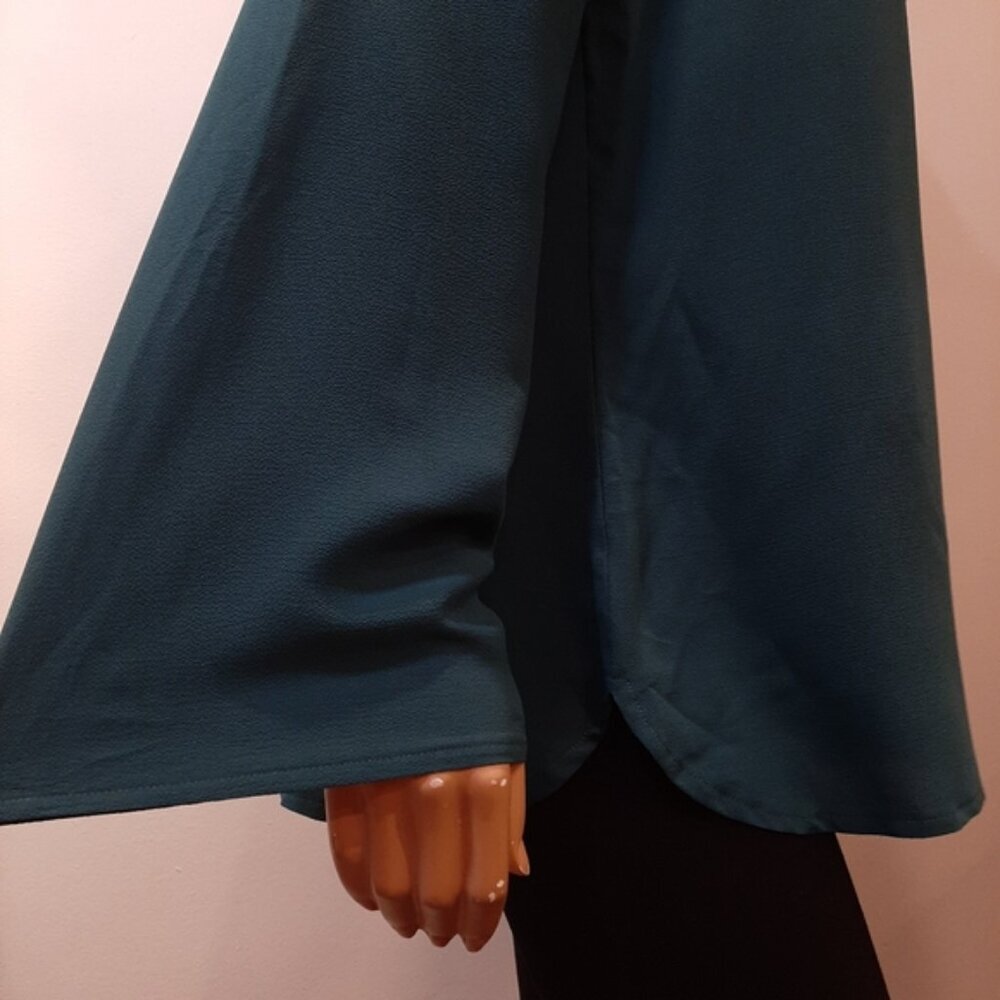 George Boho Tunic Blouse Long Flare Sleeves Lace Up Vneck Teal - Picture 6 of 10